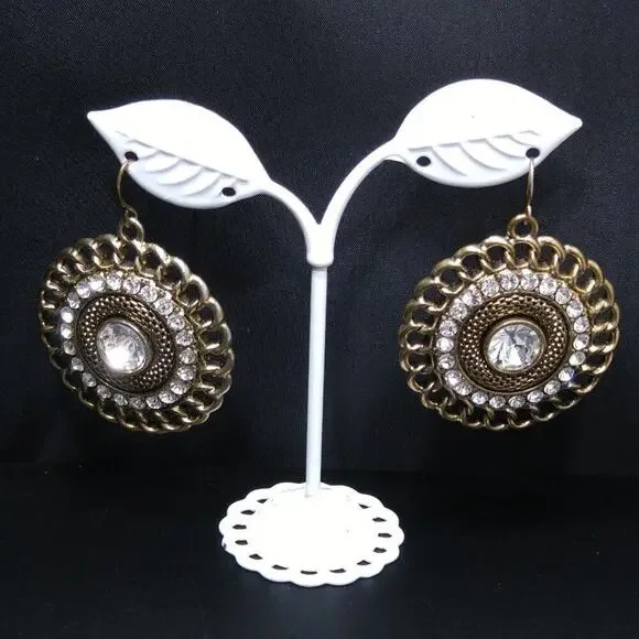 Vintage Clear Rhinestones Mesh Link Chain Round Drop Earrings, 2 Inches - Picture 3 of 8